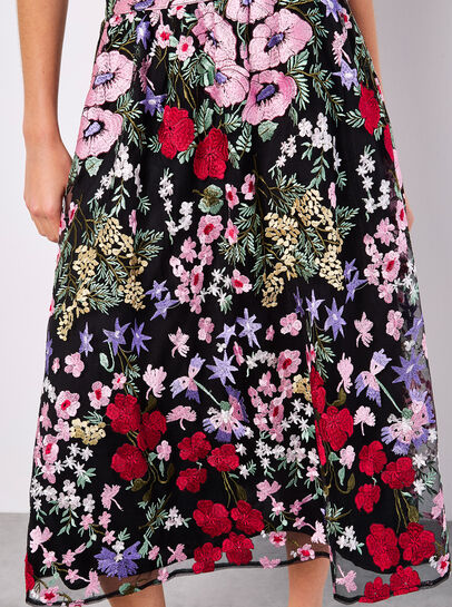 Embroidered Floral Mesh Midi Skirt