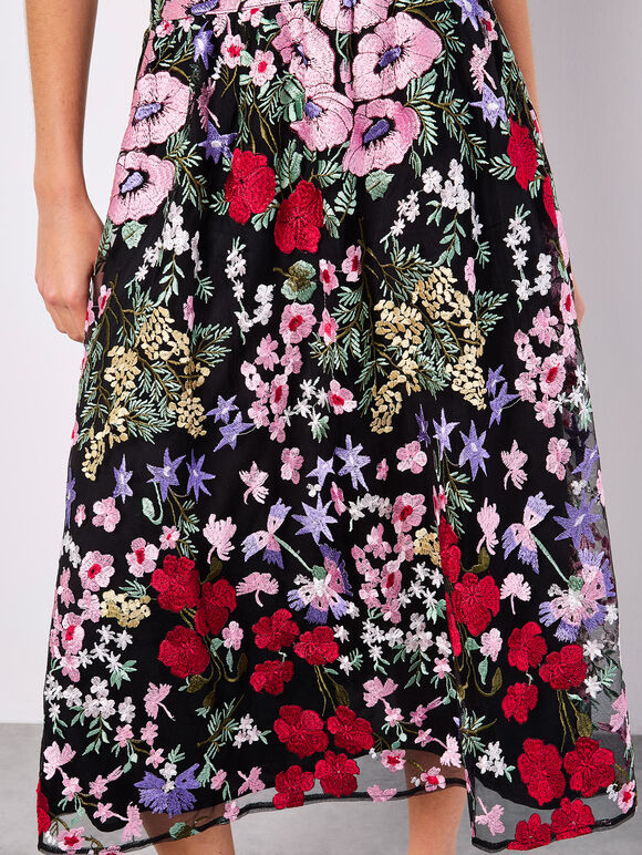 Embroidered Floral Mesh Midi Skirt, Black, large