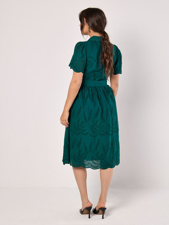Cotton Broderie Midi Dress, Green, large