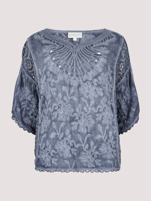 Embroidered Mesh Top, Navy, large