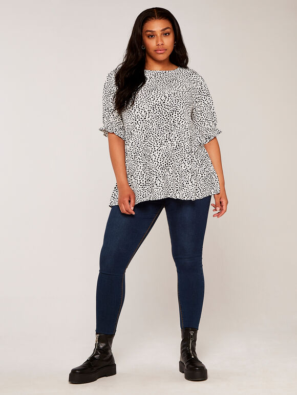 Curve Wild Dot Frill Sleeve Tiered Top, White, large