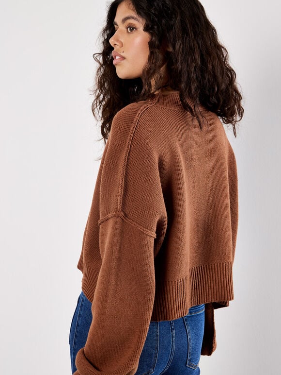 Ribbed Knit Cropped Jumper, Rust, large