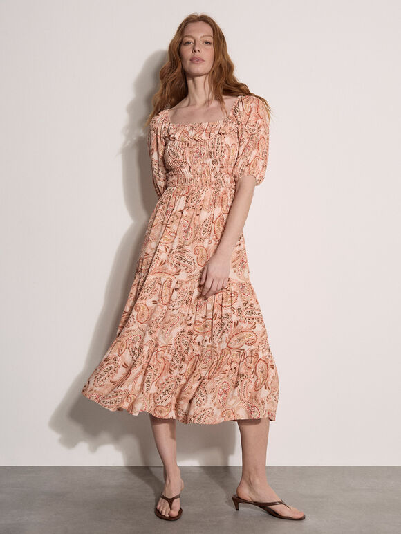 Paisley Print Milkmaid Midi Dress, Peach, large