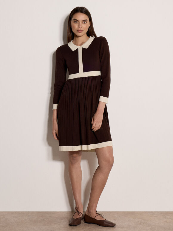 Colour Block Retro Knit Mini Dress, Brown, large