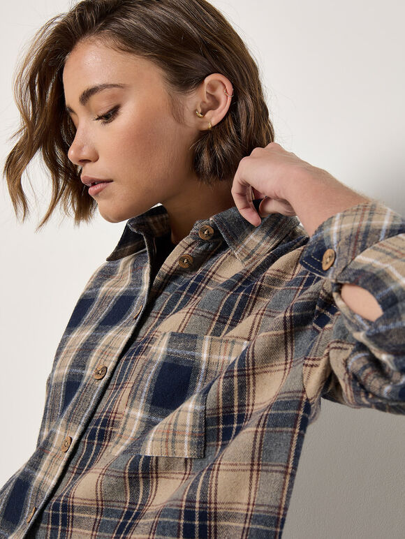 Mixed Check Oversized Shirt, Navy, large