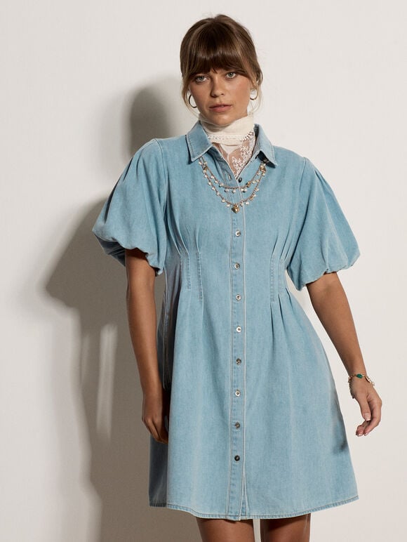 Cotton Denim Shirt Mini Dress, Blue, large