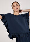 Ruffle Trim Woven Top, Navy, large