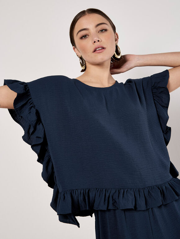 Ruffle Trim Woven Top, Navy, large