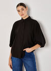 Seam Detail Puff Sleeve Shirt, Black, large