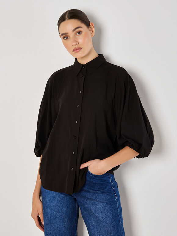 Seam Detail Puff Sleeve Shirt, Black, large