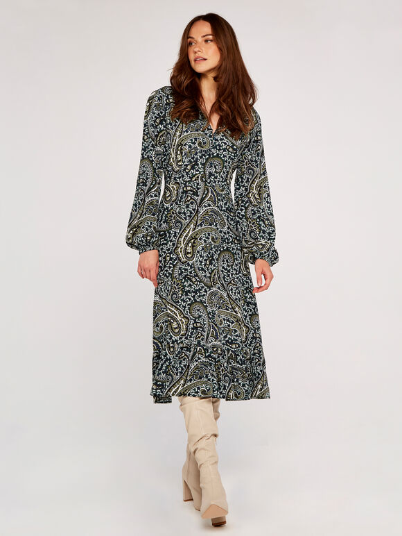 Paisley Midi Dress, Green, large