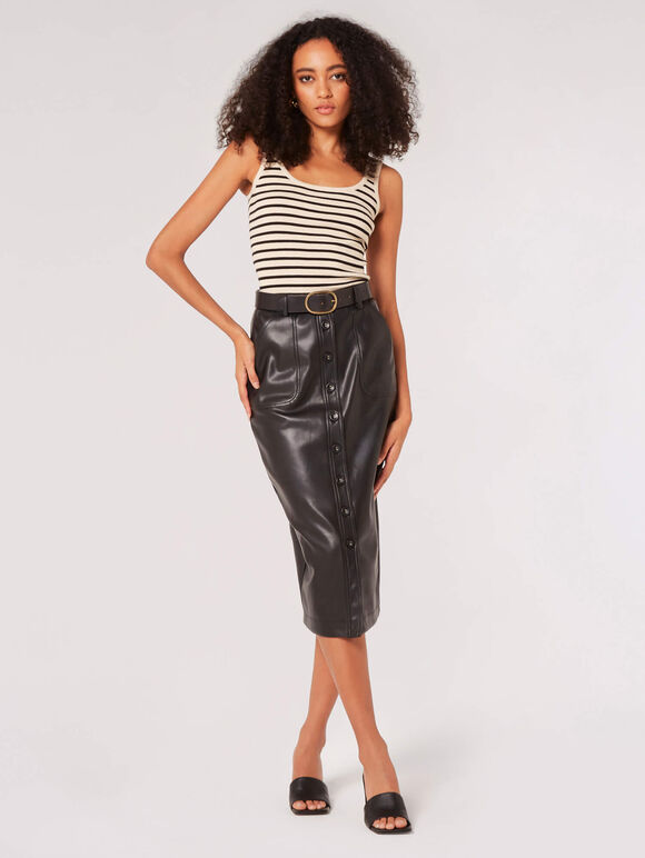 Button Down Faux Leather Midi Skirt, Black, large