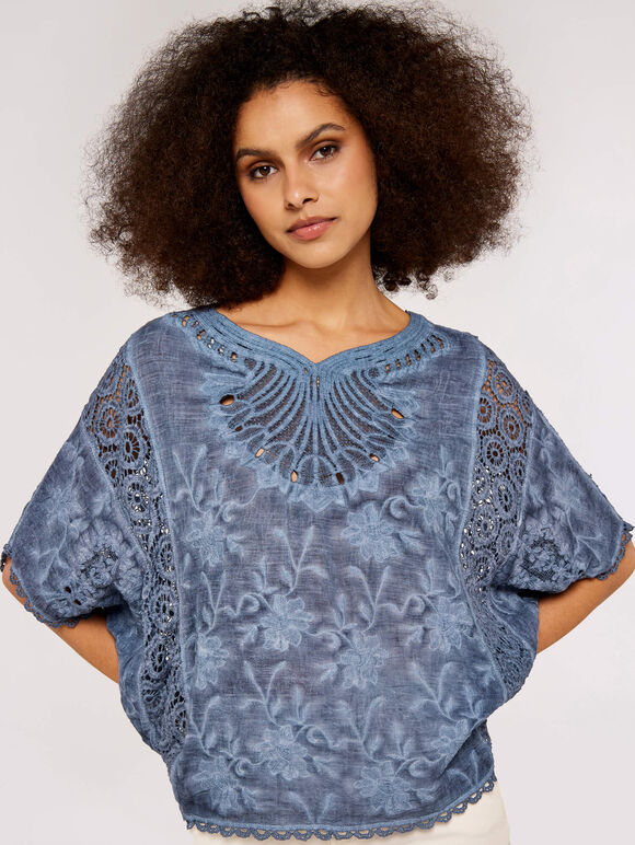 Embroidered Mesh Top, Navy, large