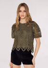 Lace Puff SleeveTop, Khaki, large