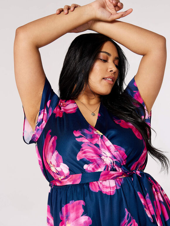 Curve Floral Wrap Midi Dress, Navy, large