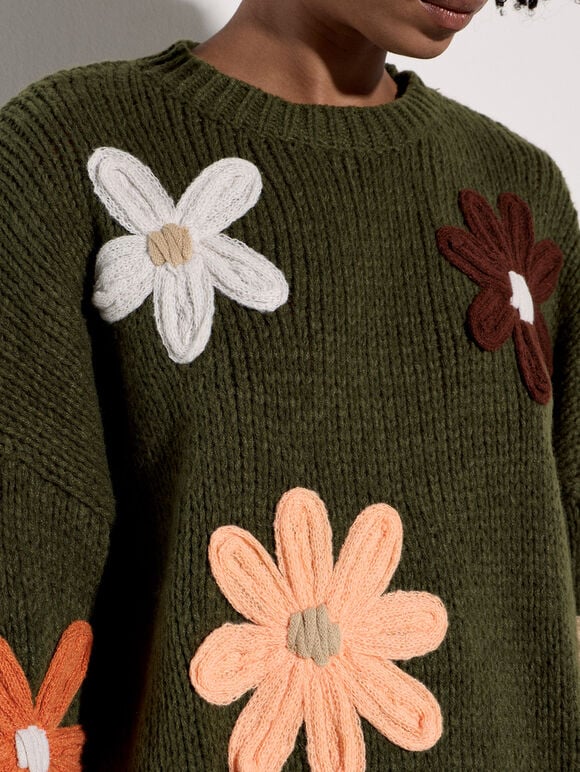 Embroidered Flower Jumper, Pine Green, large