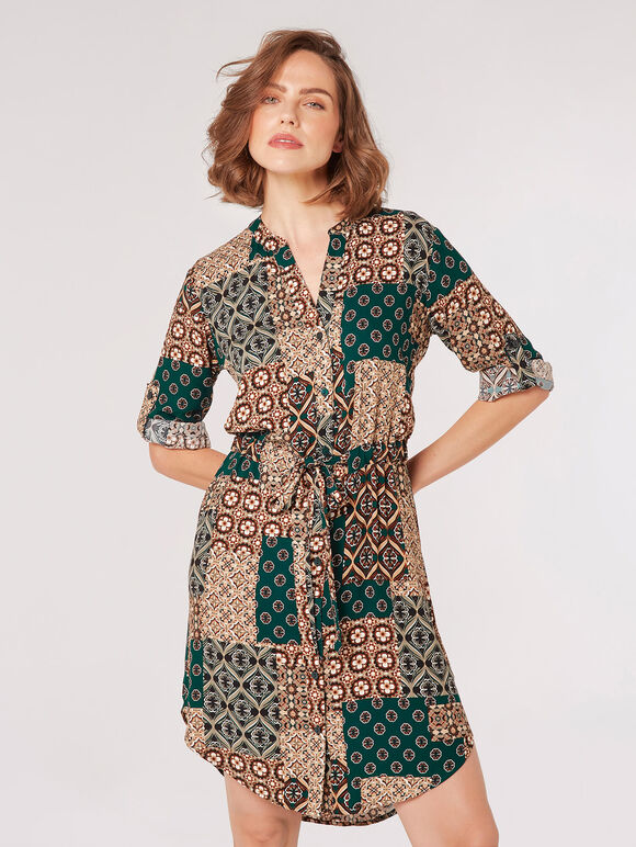 Retro Patchwork Shirt Mini Dress, Green, large