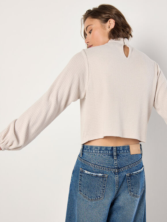Waffle Knit Wrap Top, Stone, large