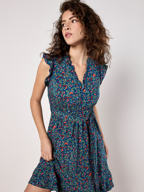 Ruffle Floral Mini Dress, Blue, large