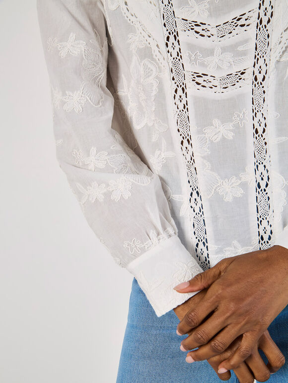 Cotton Embroidered Ruffle Shirt, White, large