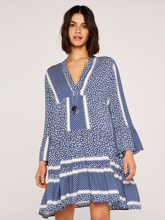 Geometric V-Neck Tiered Dress, Blue, large