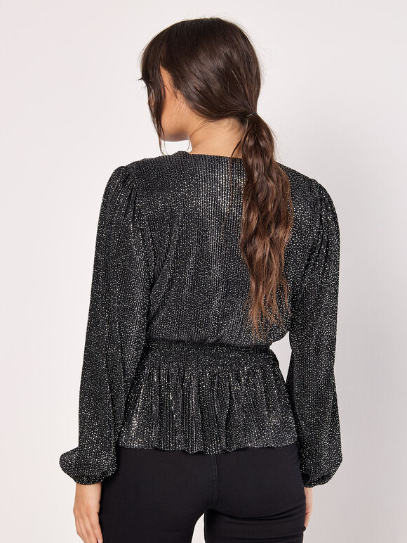 Metallic Spot Plisse Peplum Wrap Top, Black, large