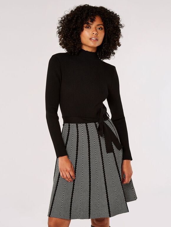 Chevron Knit Mini Dress, Black, large