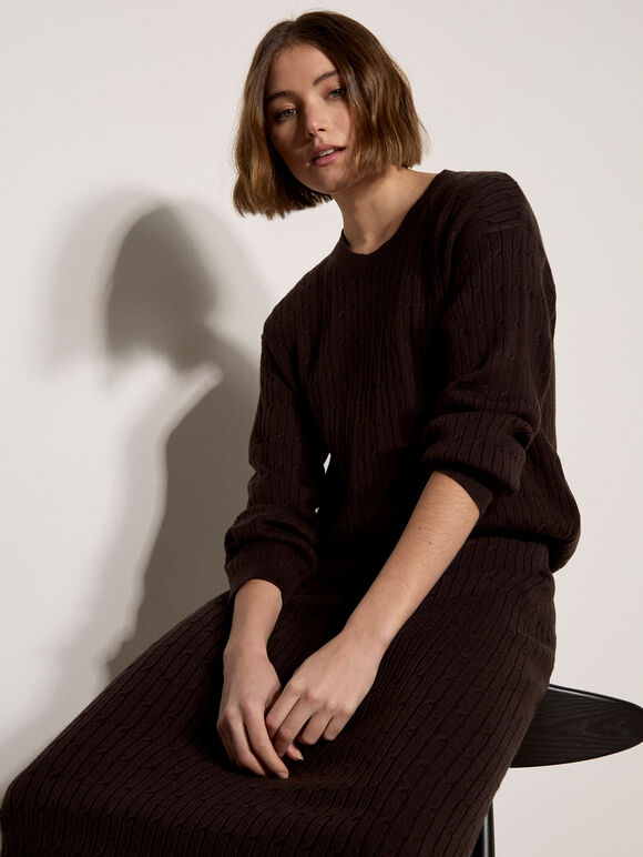 Fine Knit Cable Jumper, Brown, large