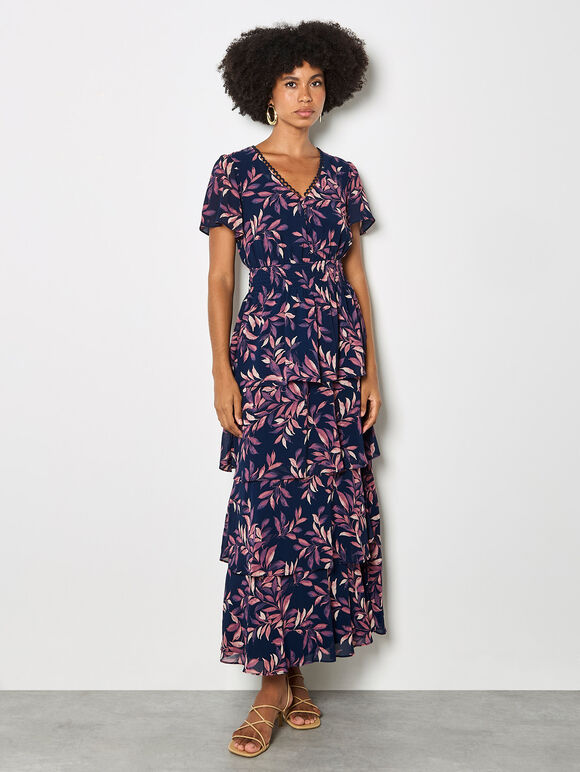 Watercolour Leaves Chiffon Tiered Maxi Dress, Navy, large