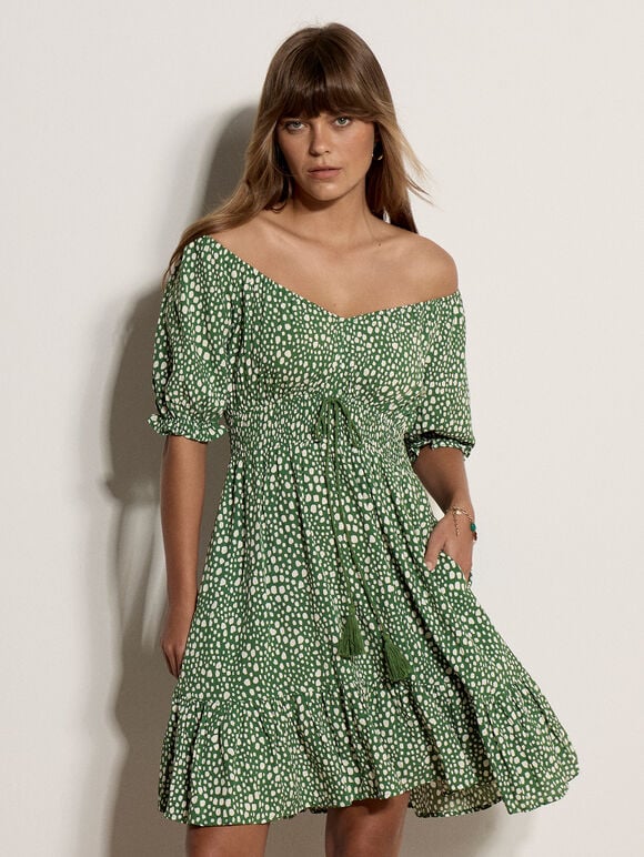 Irregular Spot Bardot Mini Dress, Thyme Green, large