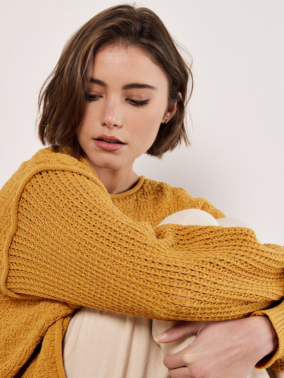 Textured Knit Oversized Jumper, Mustard, large