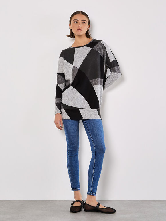 Geo Colour Block Knitted Top, Grey, large