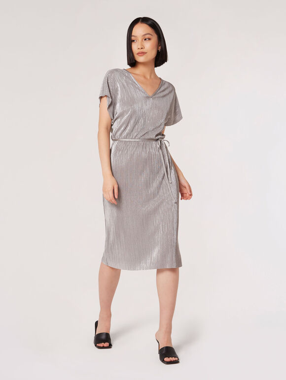 Plisse V Neck Dress, Silver, large