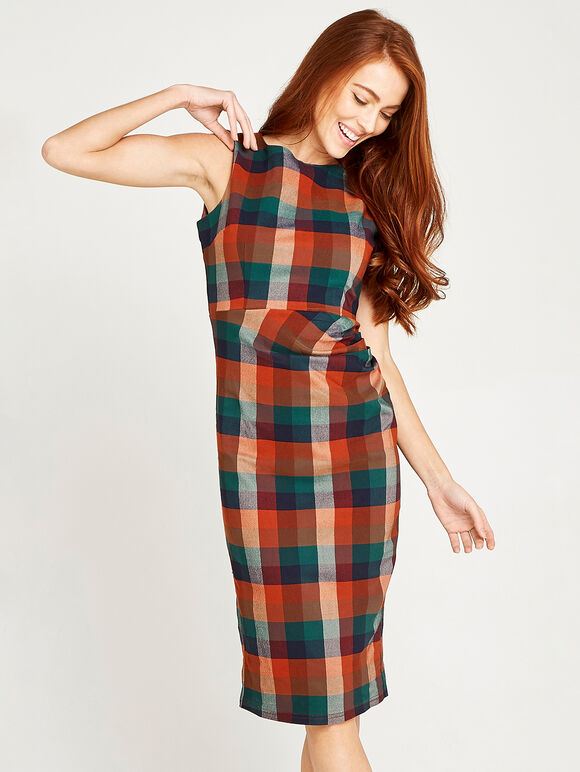Multi Check Ruched Bodycon Dress, Rust, large