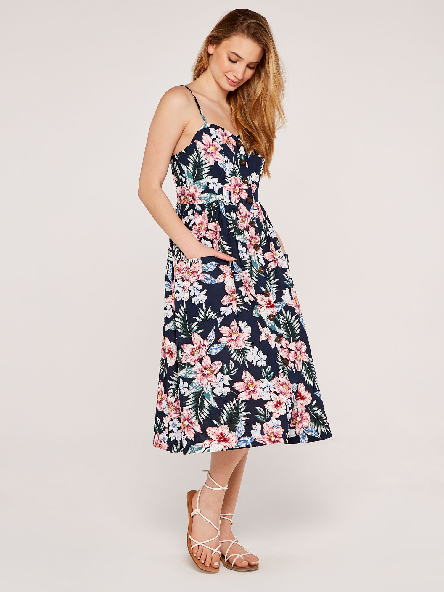 Tropical Floral Button Down Tea Dress Apricot Clothing