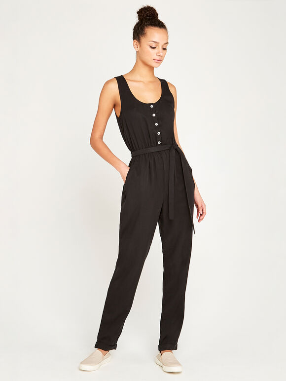Sleeveless Button Down Jumpsuit, Black, large