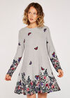 Butterfly Floral Knit Swing Mini Dress, Grey, large