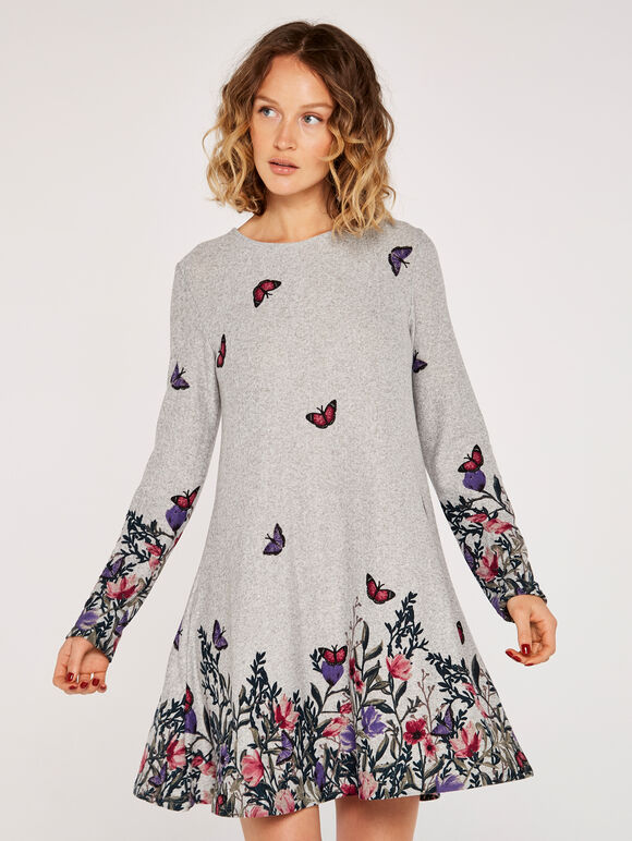 Butterfly Floral Knit Swing Mini Dress, Grey, large