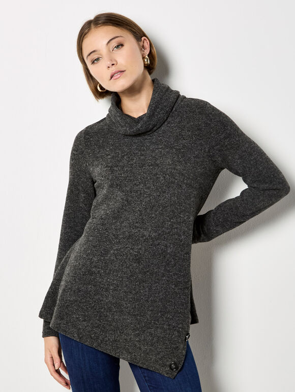 Asymmetric Hem Knit Top, Dark Grey - Charcoal, large