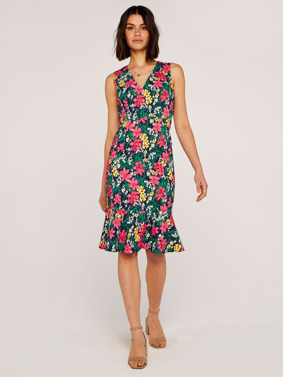 Tropical Floral Midi Dress, Navy, large