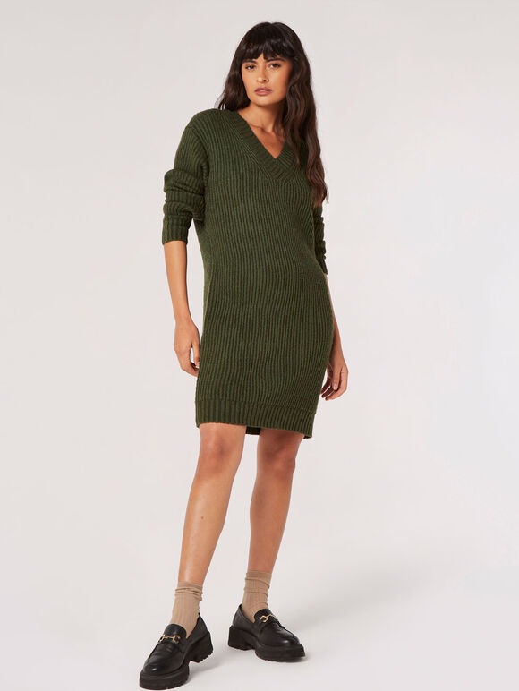 Ribbed Knit Jumper Mini Dress, Green, large