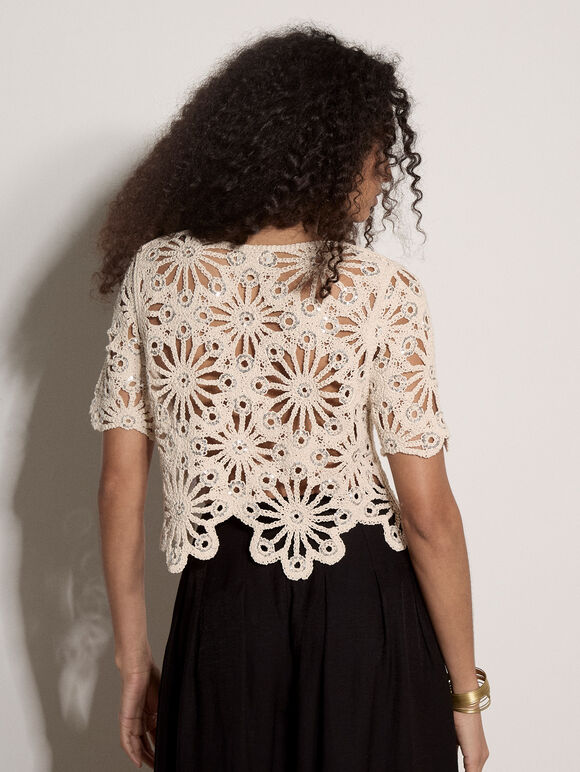 Floral Sequin Cotton Crochet Cardigan, Stone, large