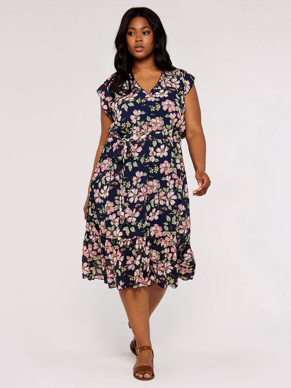 Smock Floral Midi Dress, Navy, large