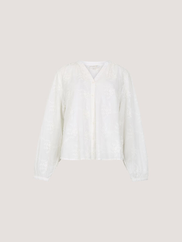 Floral Embroidered Cotton Blouse, White, large
