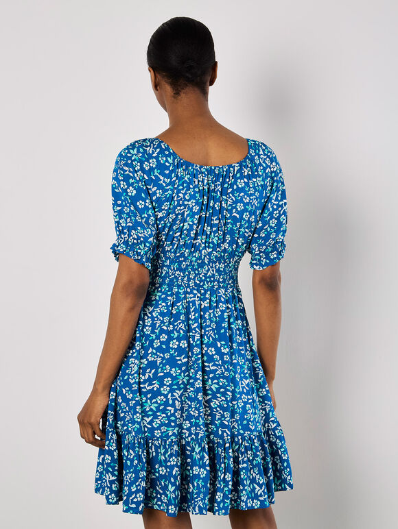 Sarasa Floral Bardot Mini Dress, Blue, large