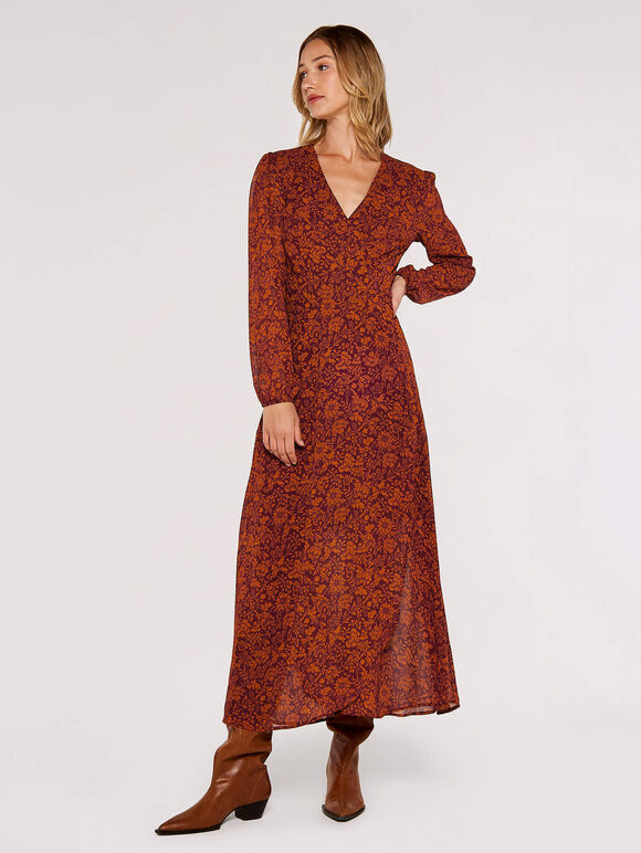 Floral Wrap Maxi Dress, Rust, large