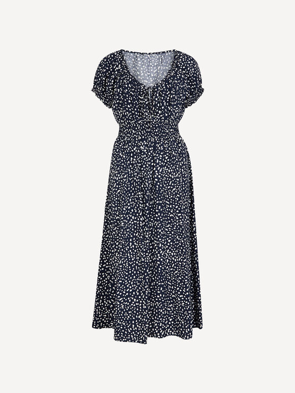 Spot Print Milkmaid Midi Dress, Navy, large