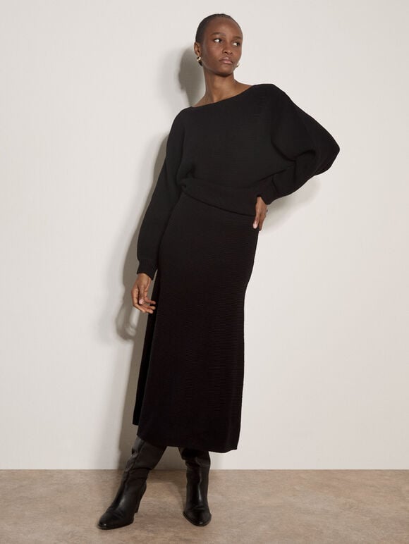 Ribbed Knit A-Line Maxi Skirt, Black, large