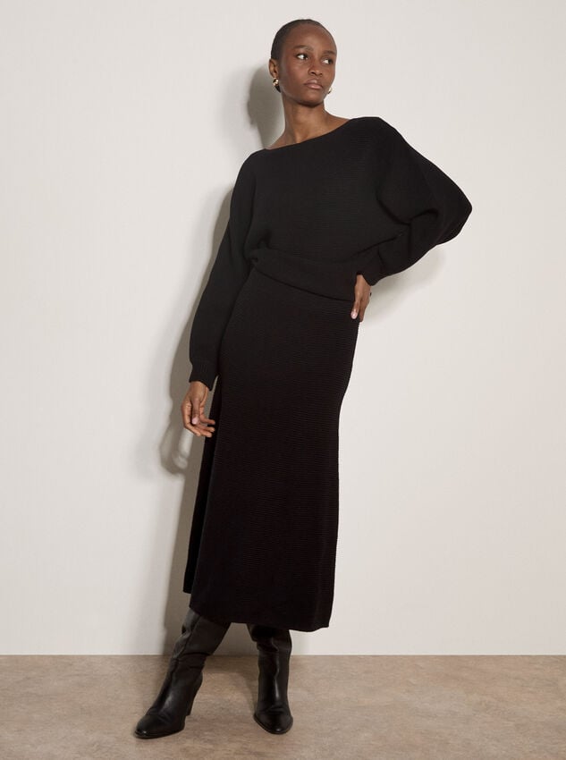 Ribbed Knit A-Line Maxi Skirt, Black, large
