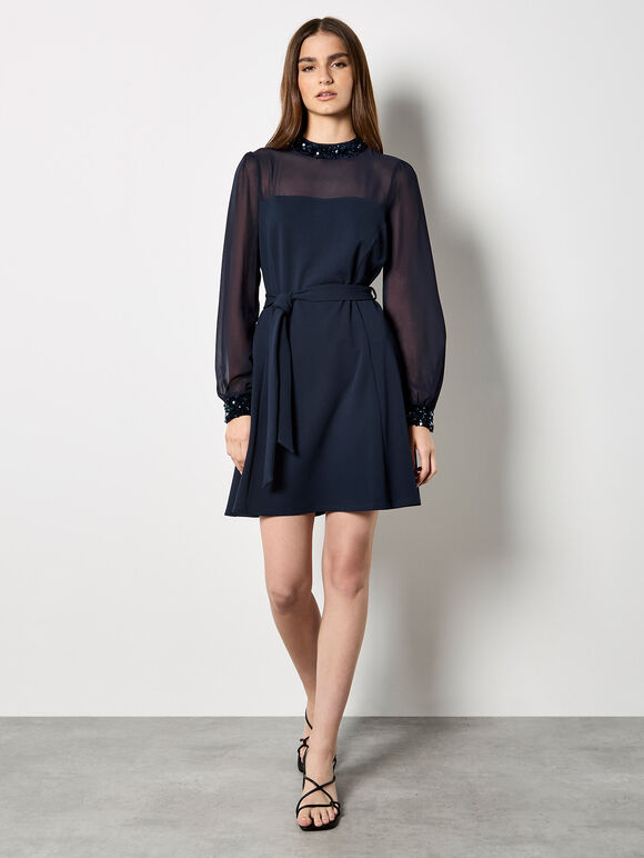 Sequin Trim Belted Mini Dress, Navy, large